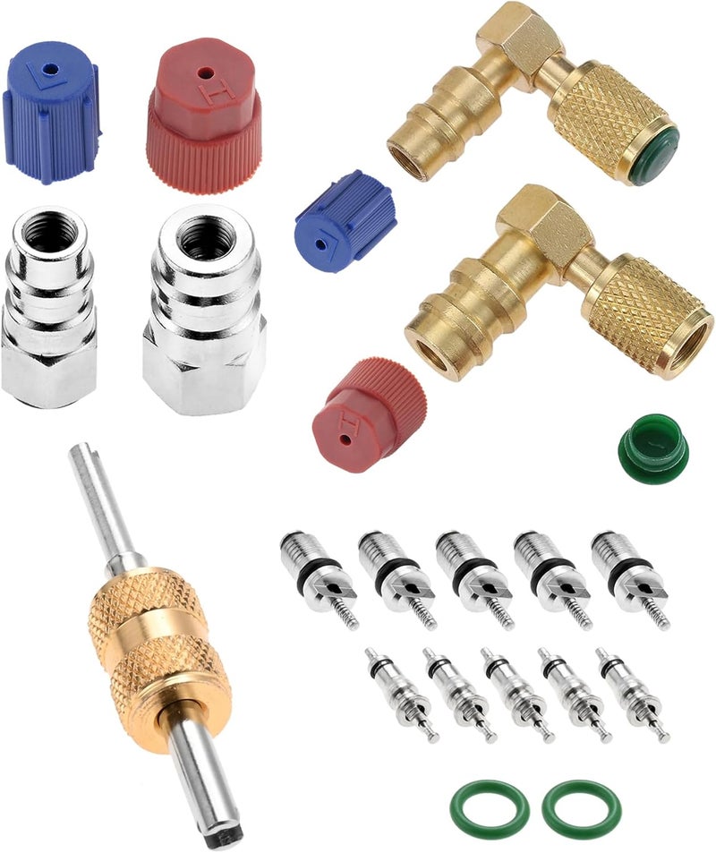 Mtsooning R12 R22 to R134a Conversion Kit, Include 4 PCS High/Low Fitting Port Retrofit 1/4 SAE to 7/16"-20 UNF Conversion Adapter, R22 R134a Valve Cores, A/C Rubber Seals and Valve Core Removal - Image 1